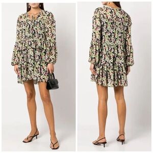 CINQ À SEPT • Dita Floral-Print Tiered Dress in Green and Pink